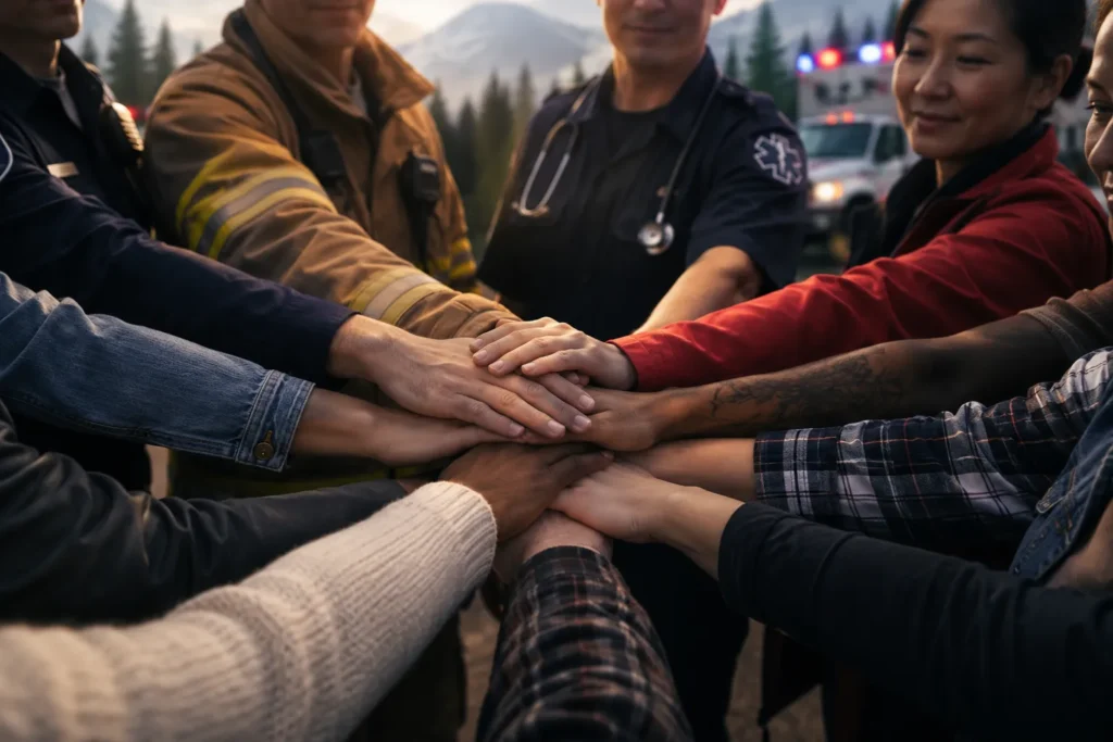 Hands united in teamwork and support