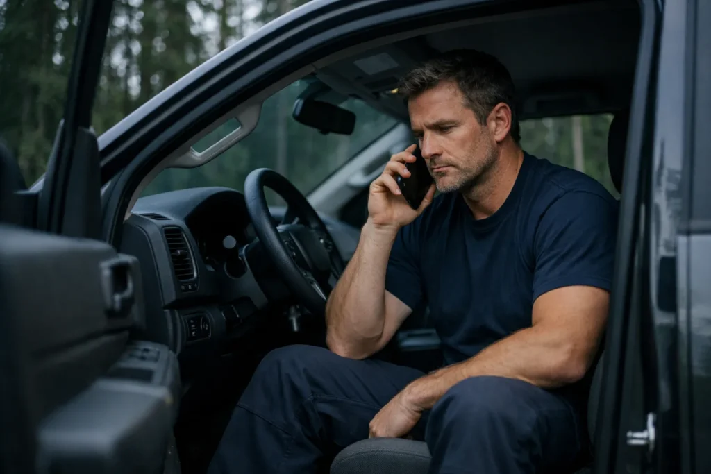 Man on phone in vehicle, serious expression