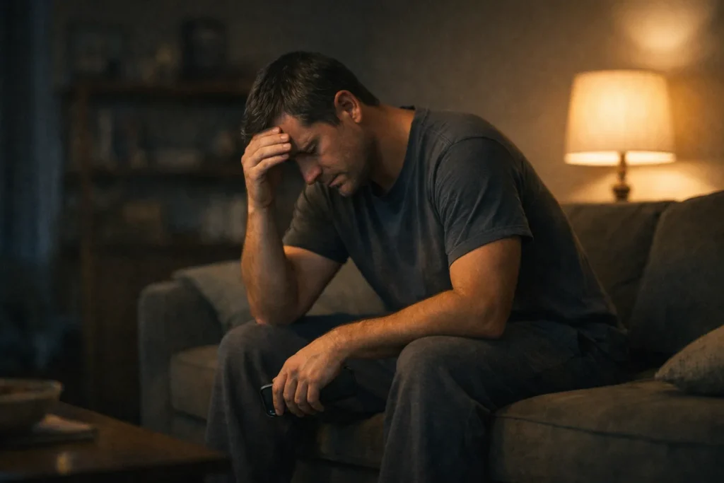 Man sitting, looking distressed and contemplative.
