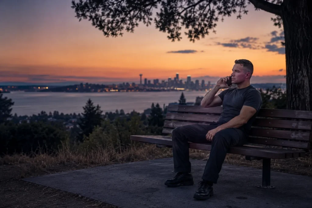 Man sitting on bench at sunset