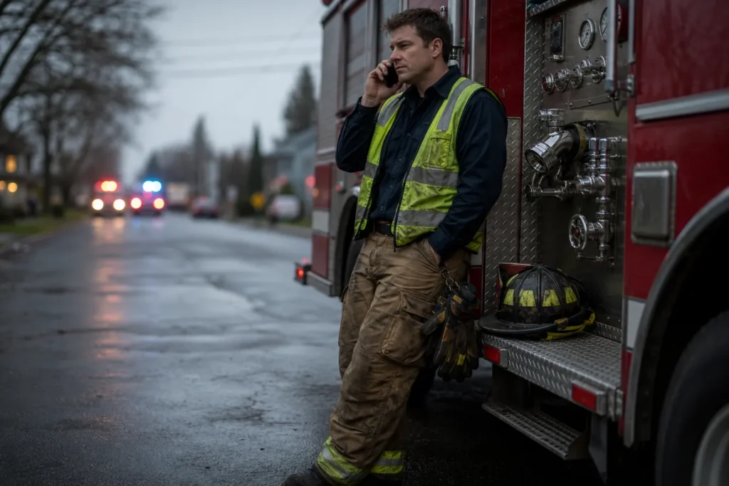 Firefighter on phone by fire truck