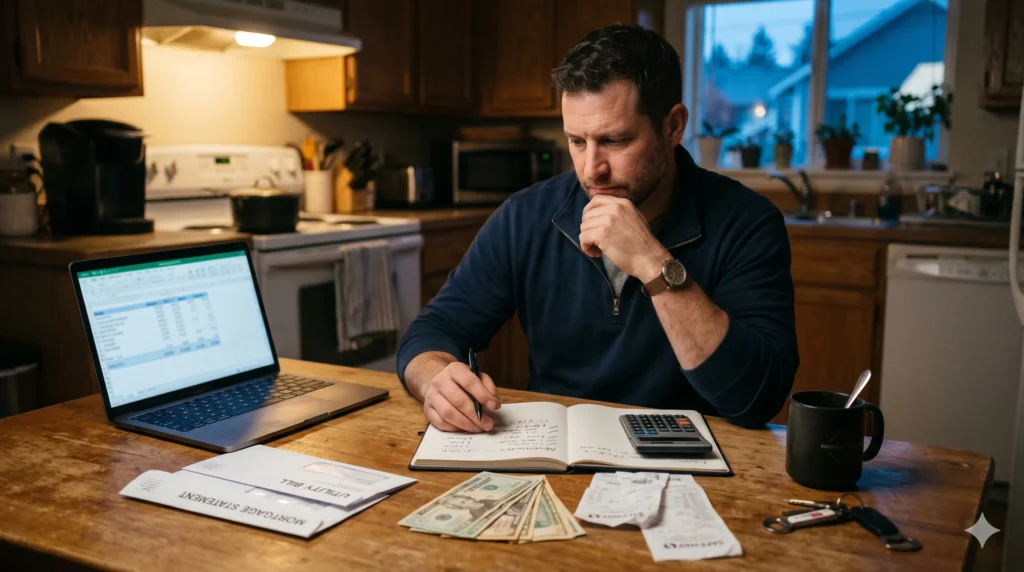 Man calculating finances at kitchen table.
