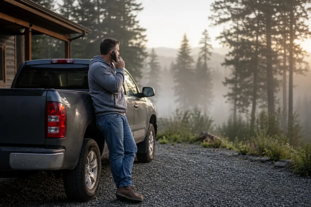 Man on phone by truck in nature