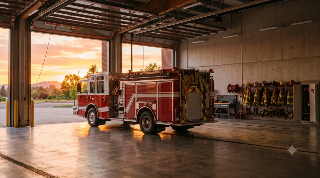 Fire truck in garage at sunset
