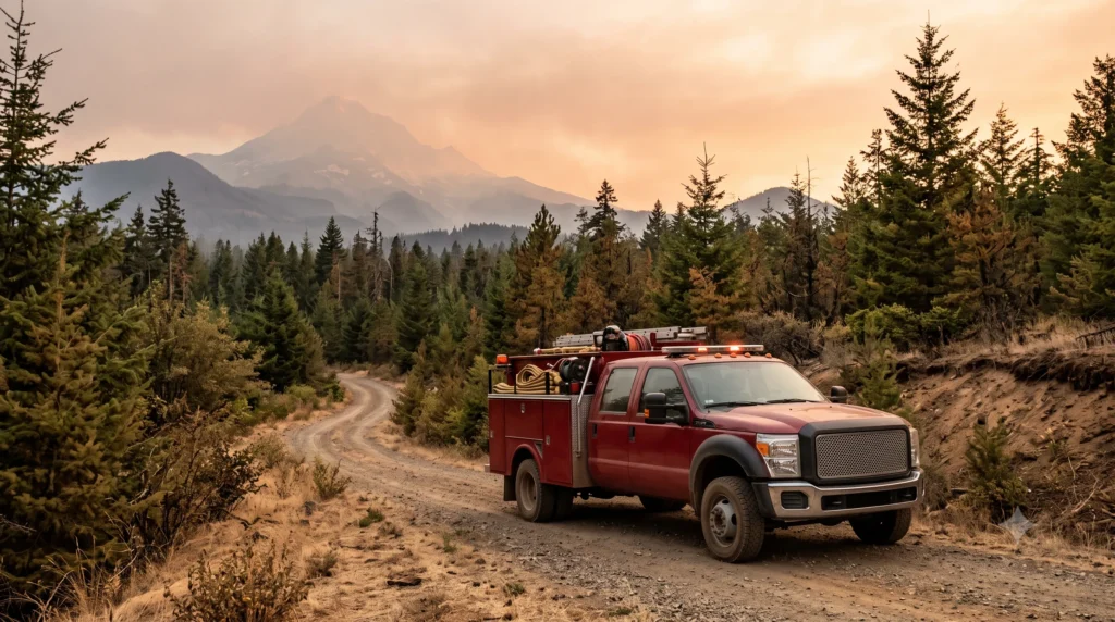 Fire truck on a forest road