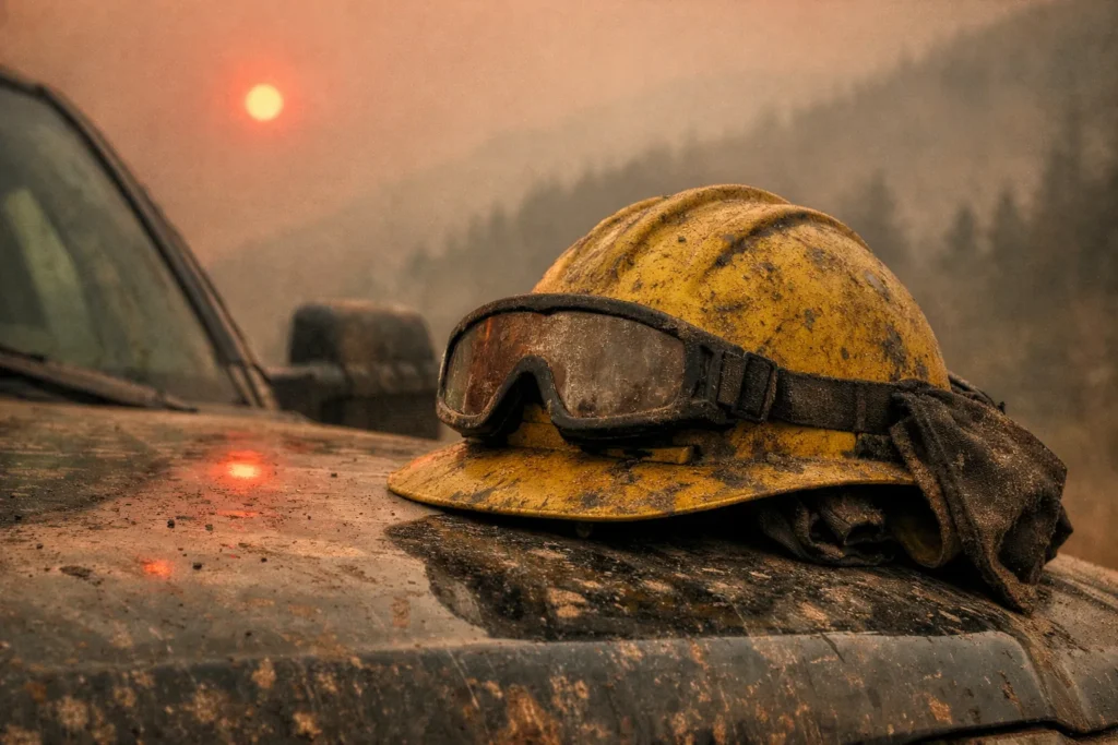 Dirty helmet and goggles at sunset