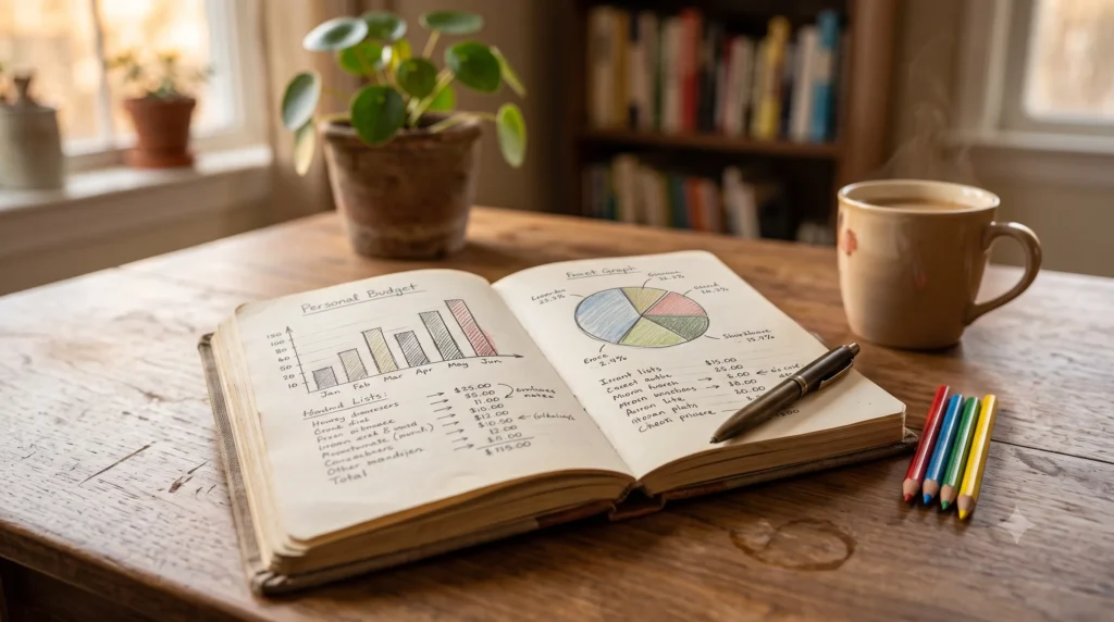 Open budget notebook with charts.