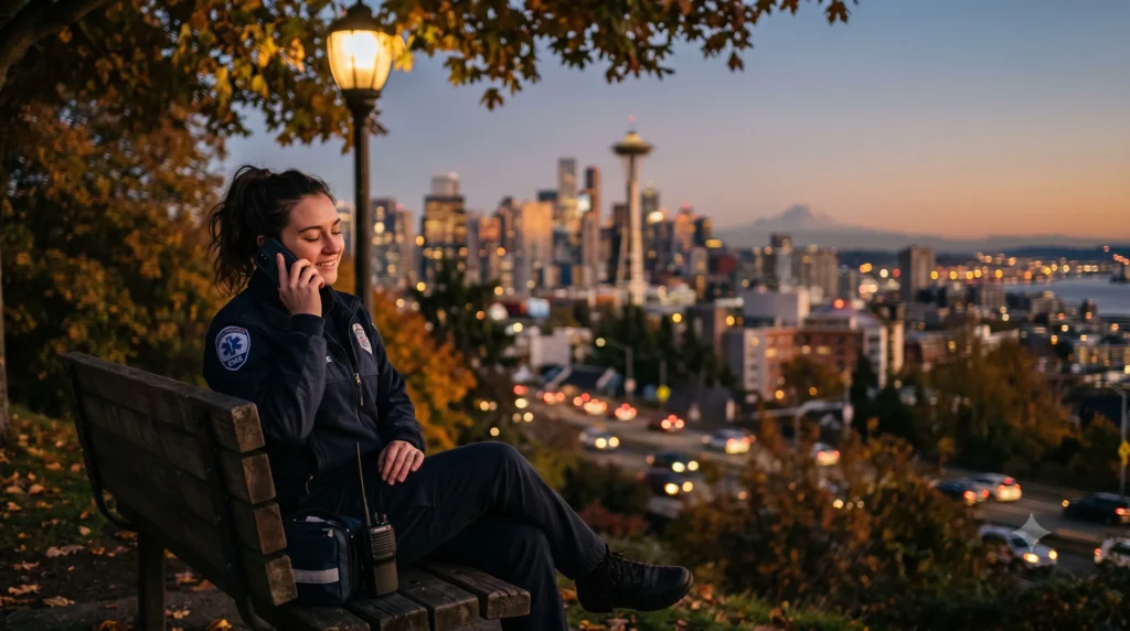 Woman on phone overlooking Seattle skyline