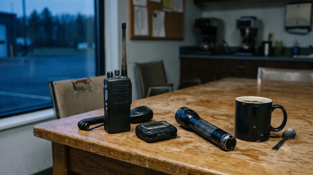 Emergency equipment on a wooden table.