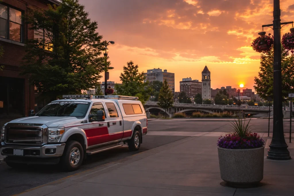 Emergency vehicle at sunset in city