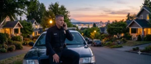 Police officer on car at sunset