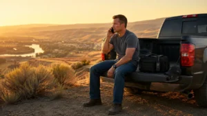 Man sitting on truck, talking on phone.