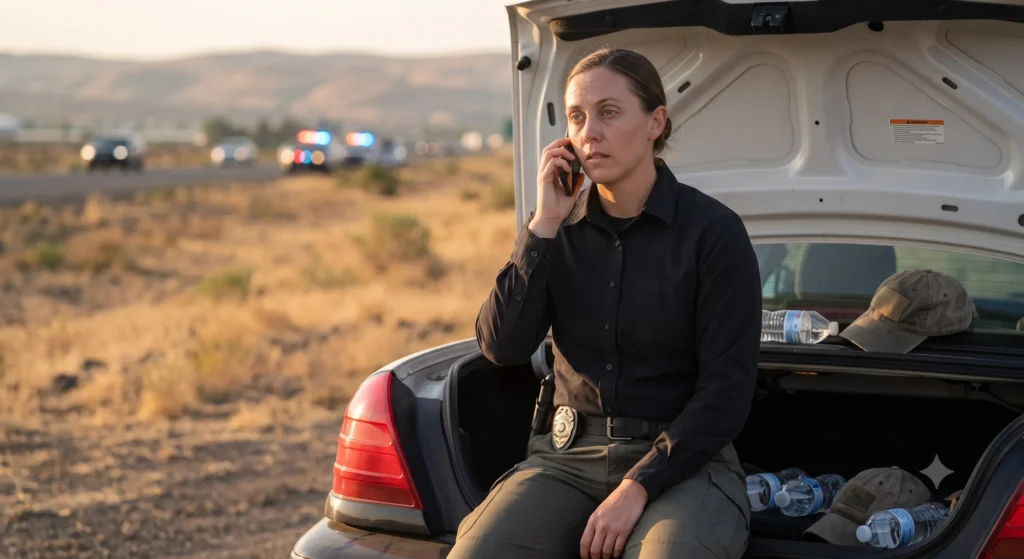 Officer on phone by police car