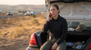 Officer on phone by police car
