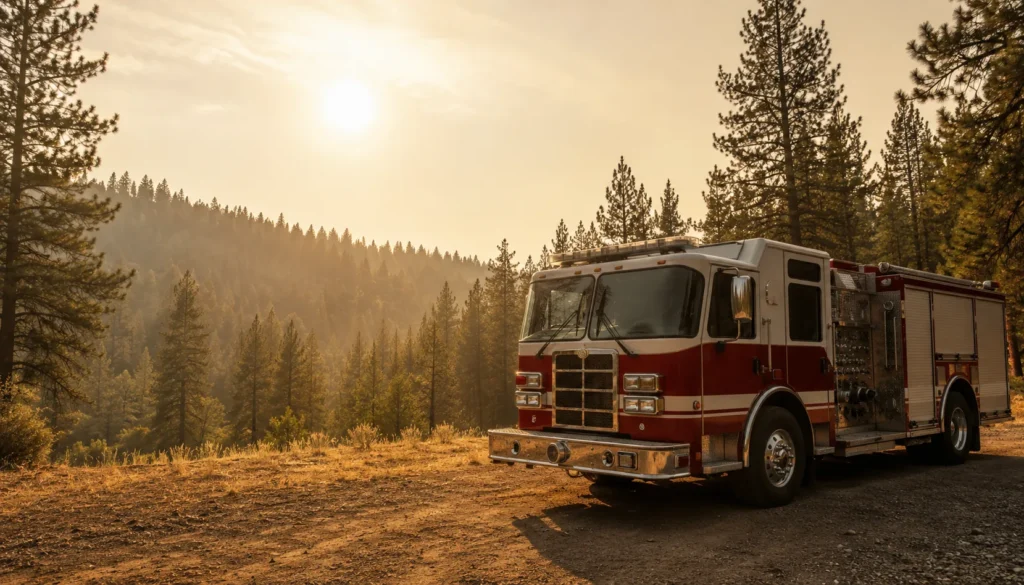 Fire truck in forest at sunset