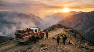 Firefighters at sunset in mountainous terrain.