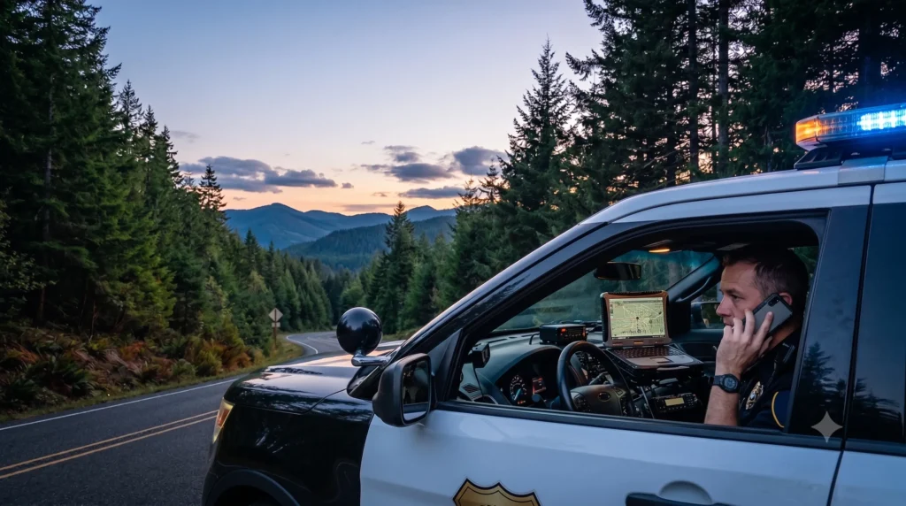 Police officer in vehicle at sunset