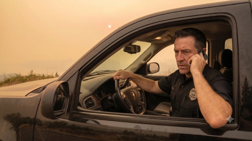 Police officer in vehicle on phone