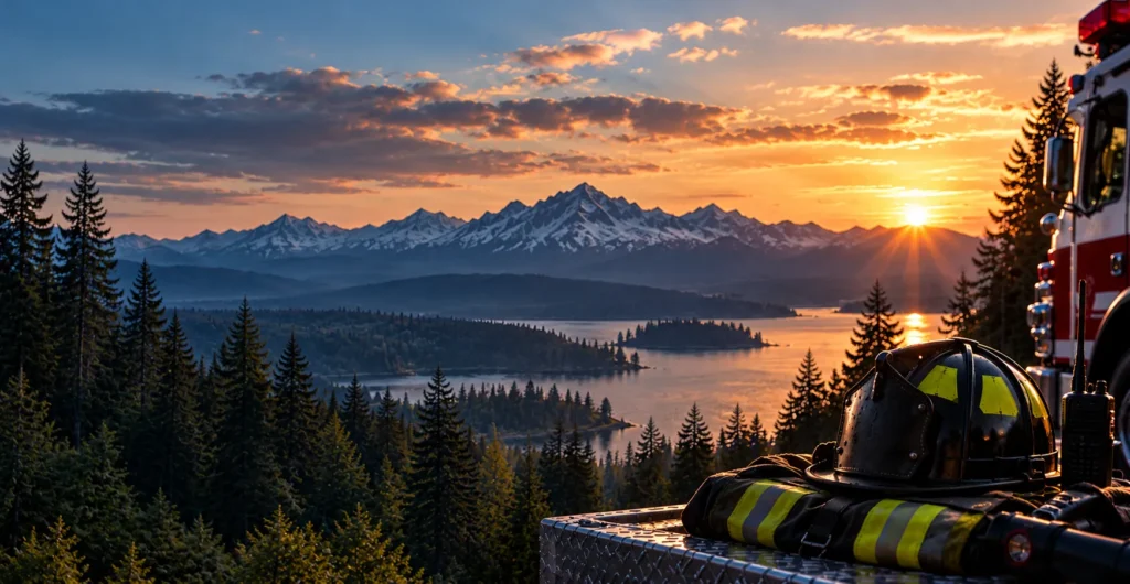 Firefighting Gear Over a Golden Lake Vista